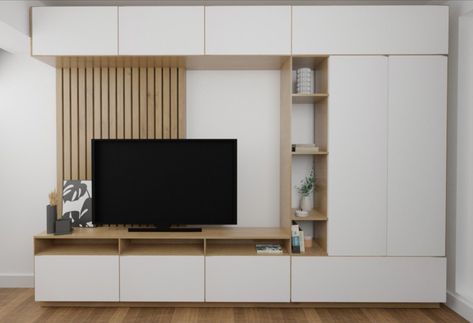 Neutral Mid Century Living Room, Bedroom Cupboard With Tv, Modern Wardrobe With Tv, Wardrobe With Tv Unit, Tv Wall Living Room, Tv Unit Design Ideas, Small Condo Decorating, Space Saving Furniture Bedroom, High Ceiling Living Room