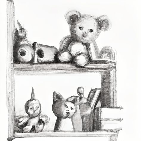 Shelf with Toys Pencil Drawing · Creative Fabrica Shelf Drawing Sketch, Toy Sketch, Toy Drawing, Leaving Cert, Drawing Toys, Detailed Drawings, Childrens Toy, Realistic Drawings, Toy Boxes