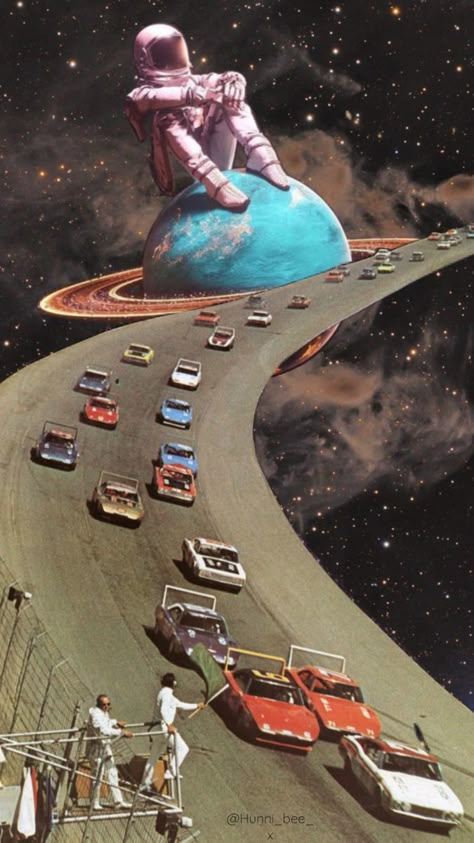 Vintage racing planets and a man watching in the galaxies Space Race Aesthetic, Vintage Space Aesthetic, Car In Space, Flat Planet, Images For Collage, Sketch Collage, Aesthetic Digital Art, Planet Ring, Retro Scifi