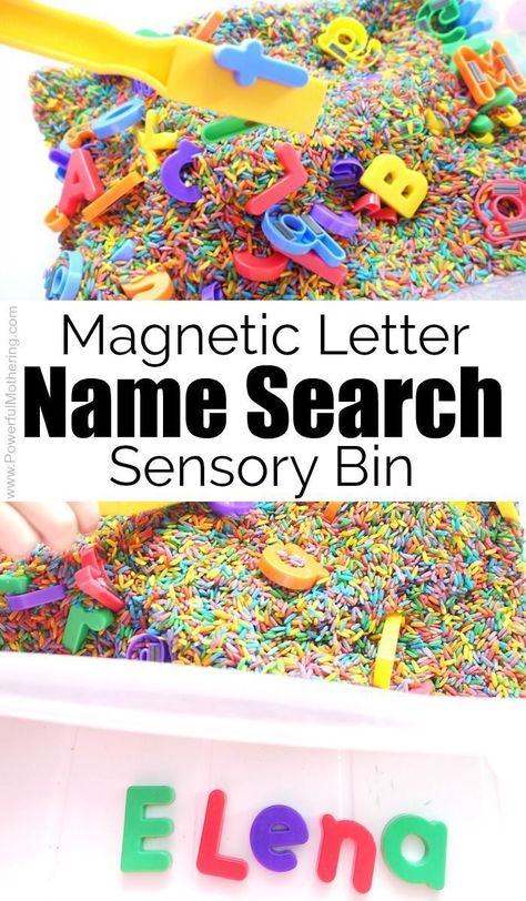 Magnetic Letter Name Search Sensory Bin #learningactivities #ABC #sensorybin Kindergarten Sensory, Color Rice, Preschool Names, Sensory Tubs, Learn Letters, Sensory Rooms, Toddler Sensory, Name Activities, Sensory Boxes