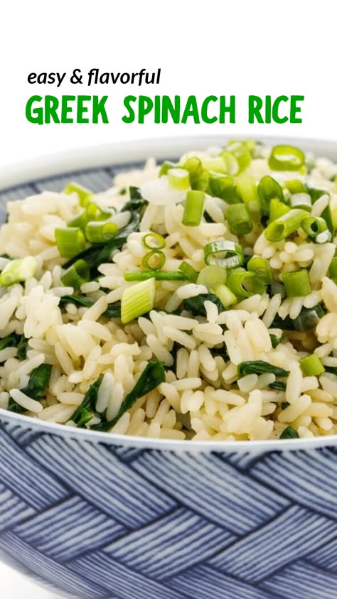 Simple but delicious side rice recipe made with green onions and spinach. It's quick - ready in less than 15 minutes - and perfect vegetarian side dish with any entree. Green Onions Recipes, Greek Spinach, Greek Kitchen, Spinach Rice, Chicken Grilled, Lemon Bowl, Quick Side Dishes, Ayurvedic Recipes, Rice Side Dishes