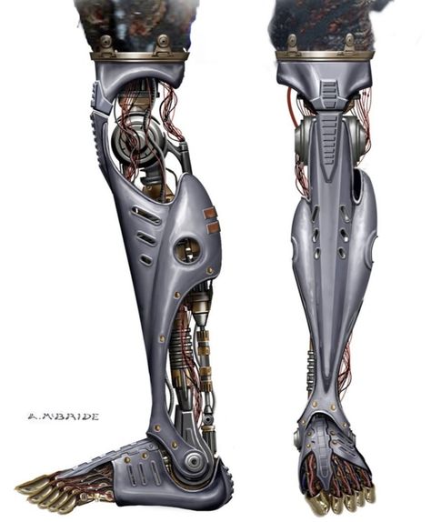 Fantasy Prosthetic Limbs, Cyberpunk Legs, Prosthetic Leg Concept Art, Cybernetic Leg, Mechanical Leg, Bionic Leg, Prosthetic Device, Sci Fi Props, Biomechanical Tattoo