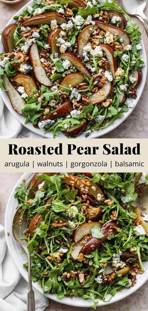 Arugula Pear Salad, Roasted Pear Salad, Salad Macaroni, Salad With Walnuts, Pear Salad Recipes, Salad Quinoa, Arugula Salad Recipes, Roasted Pear, Spinach Salad Recipes