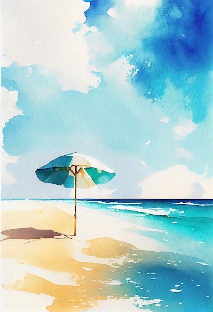 Ocean Asthetics Photos, Watercolor Paintings Ocean Beach Scenes, Beach Art Painting Watercolour, Watercolour Beach Painting, Sea Beach Painting Watercolor, Loose Watercolor Landscape, Beach Umbrella Watercolor, Beach Cartoon, Beach Scene Painting