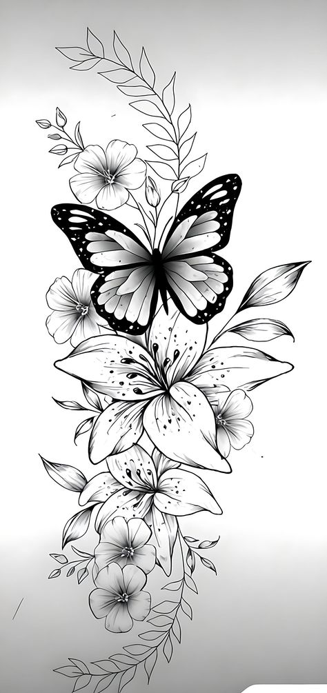 Tattoo Arm Stencil, Pretty Arm Tattoos For Women Sleeve, Flower Tattoos For Women Thigh, Floral Stencil Tattoo, Lily Memorial Tattoos, Unicorn Sleeve Tattoo, Tattoos With Butterflies, Stars Sleeve Tattoo For Women, Quarter Sleeve Tattoos For Women Stencil