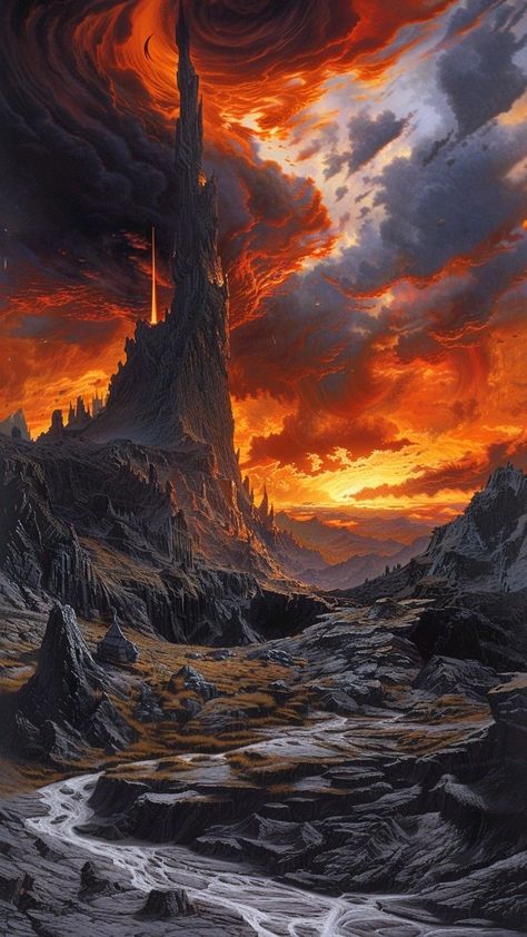 Far Realm Dnd, Mordor Painting, Dark Fantasy Landscape Art, Rings Fantasy Art, Tolkien Landscape, Lord Of The Rings Landscape, Mordor Art, Mordor Lord Of The Rings, Dark Fantasy Landscape