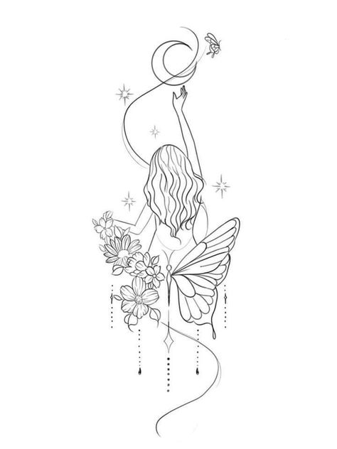 Mom Tattoo Designs, Fairy Tattoo Designs, Small Pretty Tattoos, Inspiration Tattoos, Fairy Tattoo, Butterfly Tattoo Designs, Line Art Tattoos, Girly Tattoos, Spine Tattoos