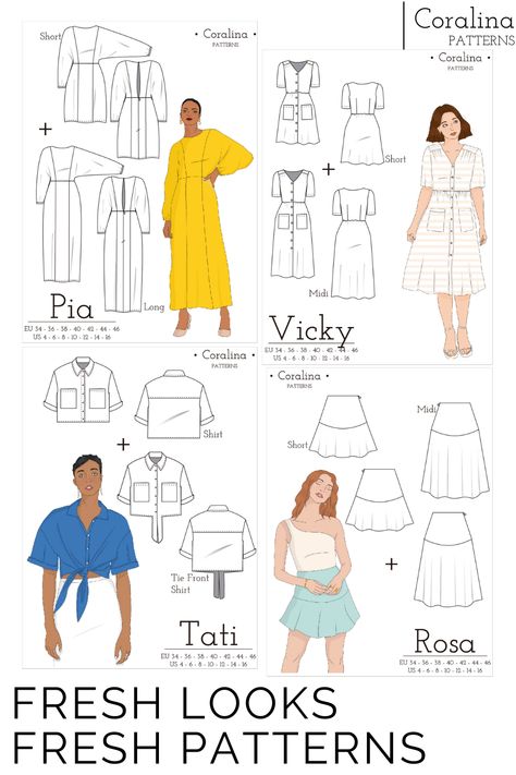 Spring Sewing Patterns, Kimono Sleeve Dress, T Shirt Sewing Pattern, Shirt Dress Pattern, Shirt Sewing Pattern, Spring Capsule Wardrobe, Summer Capsule Wardrobe, Skirt Patterns Sewing, Front Tie Shirt