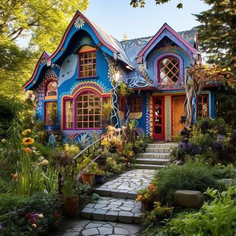 Jazminee - House Eclectic Curb Appeal, Wacky House Exterior, Quirky Exterior House Colors, Hippy House Exterior, Forest Cottage Exterior, Hippie House Exterior, Hippy House, Woodland Home Decor, Hippie House