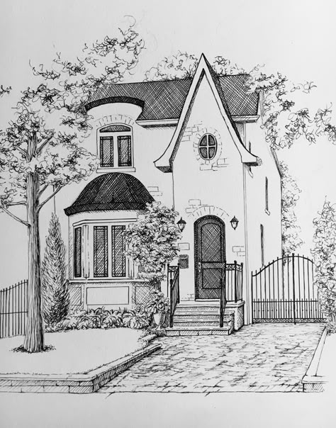 Pen and ink portrait of a family home Pen Portrait, Landscape Pencil Drawings, Pen Drawings, House Portrait, House Sketch, Architecture Drawing Art, House Portraits, House Drawing, Landscape Drawings