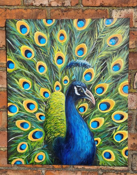 Paintings For Best Friends Gift, Peacock Oil Painting, Peacock Wall Painting, Peacock Canvas Painting, Painting Of Peacock, Outdoor Wall Paint, Peacock Paintings, Peacock Canvas, Interweave Crochet