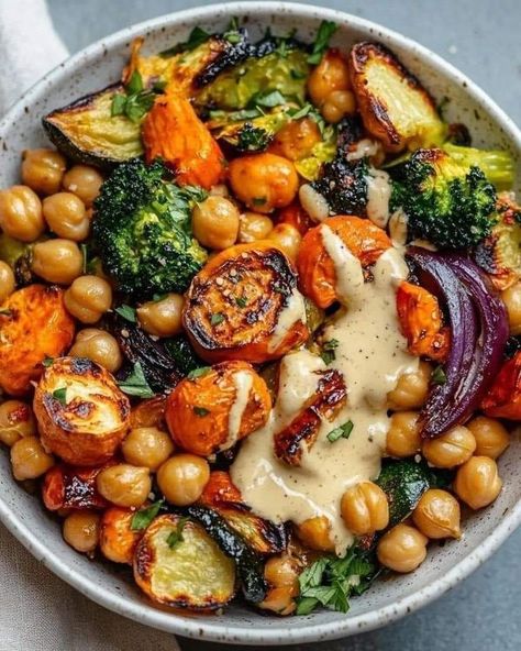 Stanley Tucci Recipes🍝🍛🌭🍕 | Roasted Veggie & Chickpea Bowls with Maple Dijon Tahini Dressing🌿🍋 | Facebook Chickpea Bowls, Plats Healthy, Healthy Bowls, Tahini Dressing, God Mat, Broccoli Florets, Mediterranean Diet Recipes, Roasted Veggies, Brussels Sprouts