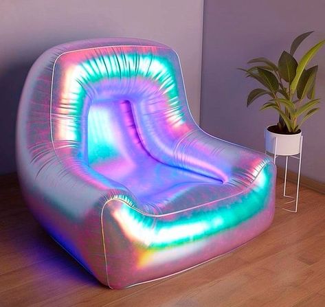 Holographic Sofa, Glam Living Room Ideas, Neon Furniture, Iridescent Decor, Lounge Aesthetic, Fancy Living Rooms, Neon Accessories, Weird Furniture, Cozy Lighting