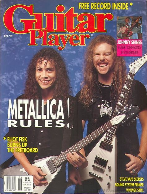 The front cover could be inspirational for my magazine because it show the images smiling showing that the magazine will be friendly and happy to read. 90s Rock Magazine, Kirk Hammett Smile, Rock Magazine Cover, James Hetfield Guitar, Metallica Poster, James Metallica, Metallica Cover, Flying V Guitar, Kirk Metallica