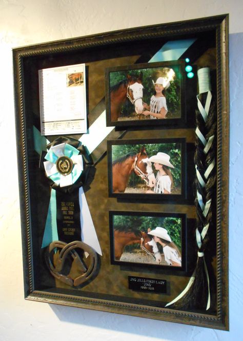 Memorial Shadowbox for a beloved horse Horse Diy Decor, Ribbon Shadow Box Ideas, Horse Tail Memorial Ideas, Horse Tail Shadow Box Ideas, Equestrian Room Ideas, 4-h Ribbon Display Ideas, Horse Show Ribbon Display Ideas, Ideas Of Things To Do With Old Horse Show Ribbons, 4-h Horse Projects