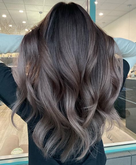 Black To Ash Brown Balayage, Ash Brown Balayage On Black Hair, Ash Balayage On Dark Hair, Cool Ash Brown Hair, Ash Brown Hair Dye, Medium Ash Brown Hair, Dark Ash Brown Hair, Ash Brown Hair Balayage, Dark Brunette Balayage