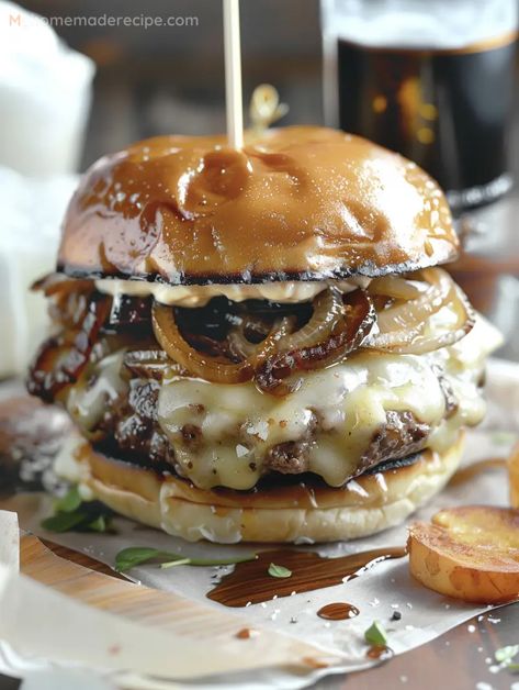 Explore the delicious fusion of French onion soup and juicy burgers with our Gourmet French Onion Soup Burgers guide. A true gourmet experience awaits. French Onion Burgers Recipes, Best Burger Recipe Grill, French Onion Turkey Burgers, Grilled Onion Recipes, French Onion Burger Recipes, Burger Ideas For Dinner, Burger With Gravy, French Onion Soup Burger Recipe, French Onion Soup Burger