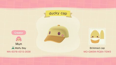 ACNH designer showcase! on Instagram: “ducky cap made by waifu_bay on twitter! ♡” Kimono Skirt, Forest Clothing, Motif Acnl, Ac New Leaf, Animal Crossing Guide, Acnh Codes, Animal Crossing Qr Codes Clothes, Qr Codes Animal Crossing, Animal Crossing Characters