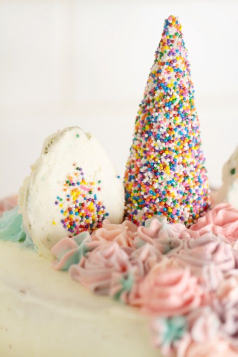 Unicorn Cake with Rainbow Layers - Frugal Mom Eh! Sprinkle Unicorn Cake, Unicorn Cake Design, Diy Unicorn Cake, Ear Shapes, Cake With Rainbow, Cake Mix Ingredients, Unicorn Sprinkles, Sprinkle Cupcakes, Unicorn Themed Birthday Party