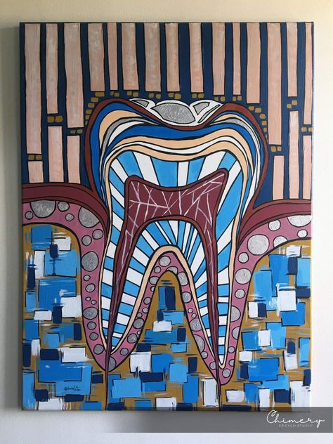 Mixing the tooth diagram with patterns to be hanged in a dental clinic... Colours depend on the shades of the mouth, white, silver, blues and a touch of mustard. Tooth Art Painting, Dentistry Art Painting, Dental Artwork, Tooth Diagram, Dental Painting, Tooth Painting, Teeth Diagram, Dentist Art, Dental Doctor