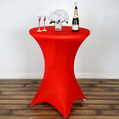 Cocktail Spandex Table Cover - Red | eFavorMart Highboy Table, Fitted Table Cover, Chair Bands, Fitted Tablecloths, Red Cocktails, High Top Tables, Spandex Chair Covers, Tall Table, Party Bars