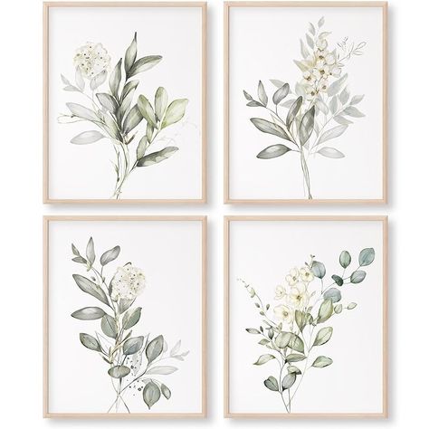 Amazon.com: Botanical Watercolor Art Prints (Set of 4) - 8x10 (Unframed) | Boho Leaves and Flowers Wall Decor | Minimalist Floral Artwork for your Home, WFH Office, Kitchen, Dining Room, Bedroom, and Bathroom : Handmade Products Wfh Office, Flowers Wall Decor, Wall Decor Minimalist, Boho Leaves, Minimalist Wall Decor, Cafe Interior Design, Botanical Watercolor, Flowers Wall, Floral Artwork