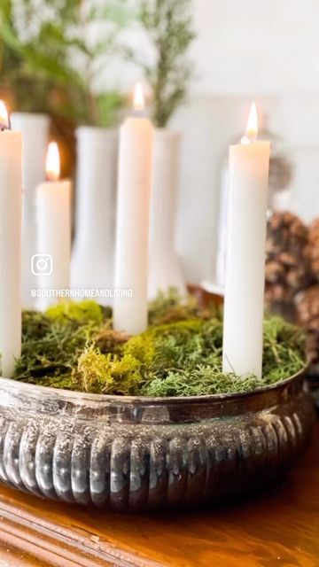 Erin Sowell on Instagram: "When I found this beautiful vintage silver bowl while thrifting, I knew immediately that I wanted to fill it with candles and moss for the holiday season. Since I already had the round candle holder, from a previous thrift trip, it worked out perfectly. I simply added a few candles and some moss and it turned out just as I had envisioned. It will not only be beautiful to add to our Christmas decor, but will be equally as beautiful all winter long! Holiday decor doesn’t have to be expensive, grandiose or pretentious…it only needs to be cozy, to bring you joy and to be what YOU love! Do you use thrifted pieces in your Christmas decor also? XO ~ Erin #thriftfinds #thrifteddecor #thriftstyle #diydecor #christmasdecor #winterdecor #fleamarketfinds #fleamar Candle Stand Decor Ideas, Candle Stands Decor, Thrifted Pieces, Cake Stand Decor, Round Candle Holder, Thrifted Decor, Silver Candle Holders, Round Candle, Candle Arrangements