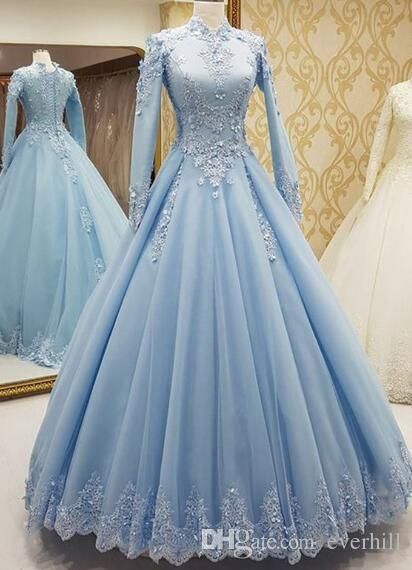 2018 Sky Blue Muslim Evening Dresses Long Sleeve High Neck Elegant A-Line Tulle Arabic Long Formal Dress With Lace Appliques Dubai Robe Gown Puffy Prom Dress, Prom Dress Light Blue, Puffy Prom Dresses, डिजाइनर कपड़े, Baju Kahwin, Formal Occasion Dress, Dress Light Blue, Long Evening Dress, Blue Tulle