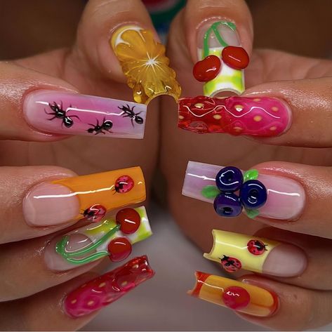 Candy Theme Nails, Funky Nails Square, Candy Themed Nails, 21 Bday Nails, Shirt Nails Designs, Birthday Cake Nails, Cake Nail Art, Pie Nails, Picnic Nails