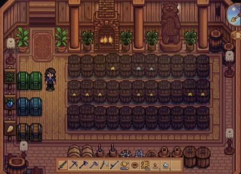 Cellar Design Stardew Valley, Stardew Basement Ideas, Wine Cellar Stardew Valley, Cellar Layout Stardew, Sdv Cellar, Stardew Cave Design, Basement Stardew Valley, Stardew Valley Regular Farm Layout, Stardew Kitchen Ideas