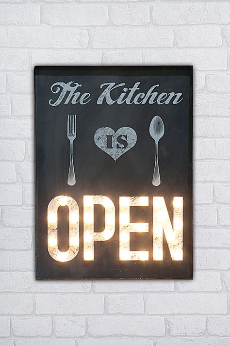 The Kitchen Is Open Retro Light Up Sign Sue Ryder www.sueryder.org/shop Light Up Canvas, Color Palette Living Room, Diner Decor, Photo Frame Display, Pallet House, Decorative Plaques, Modern Cafe, Retro Light, Light Up Signs