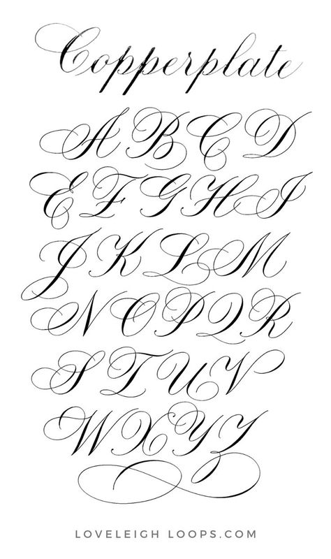 Learn the Copperplate uppercase alphabet with a simple printable worksheet from Loveleigh Loops! In Copperplate calligraphy, capitals are the final step and are a great place to add some calligraphy flourishes. Here you'll find calligraphy examples of flourished capital letters to serve as inspiration for your own calligraphy. Follow Loveleigh Loops for more calligraphy tutorials and tips! Copperplate Calligraphy Alphabet, Cursive Tattoo Letters, Caligrafia Copperplate, Calligraphy Flourishes, Calligraphy Writing Styles, Hand Lettering Alphabet Fonts, Calligraphy Letters Alphabet, Flourish Calligraphy, Tattoo Fonts Alphabet