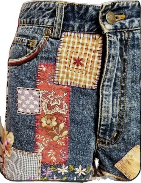 Jean Upcycle, Patch Pants, Sewing Jeans, Jeans Details, Denim Art, Patchwork Shorts, Upcycle Jeans, Denim Crafts, Shorts Womens