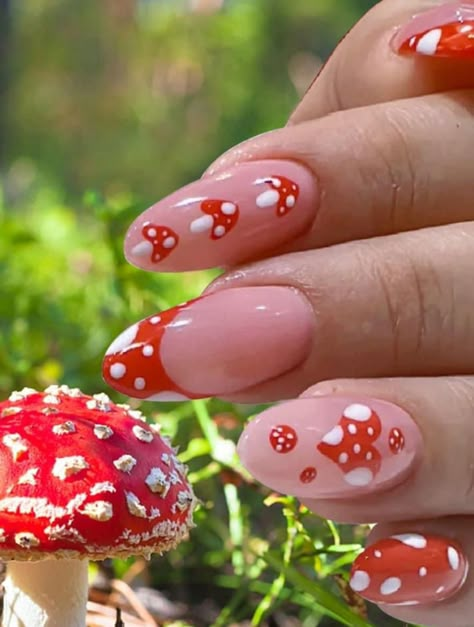 Valentines Mushroom Nails, Mushroom Almond Nails, Cottage Core Nails Acrylic, Mushroom Nails Designs, Boho Valentines Nails, Short Mushroom Nails, Toadstool Nails, Mushroom Nails Acrylic, Mushroom Nails Art