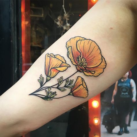 Poppy Tattoo Color, California Poppy Tattoo, Poppy Tattoo, Nyc Tattoo, Poppies Tattoo, Tattoo Color, Flowers Tattoo, Poppy Flowers, California Poppy