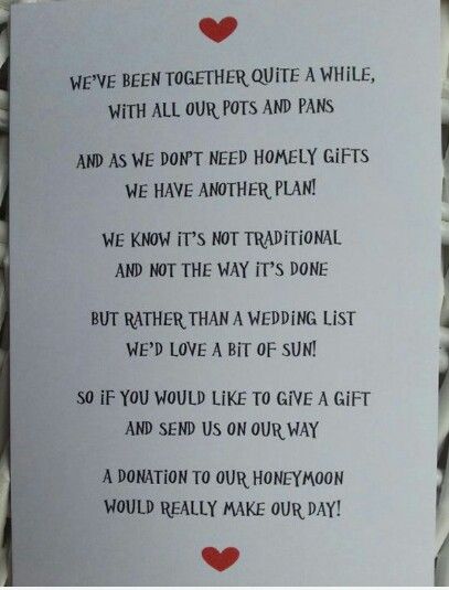 ahhh!! THIS! Now if I can gracefully say it in spanish, we'll be alright. It shouldn't be a big deal to ask for money at a wedding haha.. money makes everybody happy anytime..  why not make the groom and the bride happier in the happiest day of their life? :D No Wedding, Wedding Gifts For Bride And Groom, Wedding Poems, Honeymoon Fund, Registry Items, Fun Facts About Yourself, Wedding Money, Wedding List, Ceremony Seating