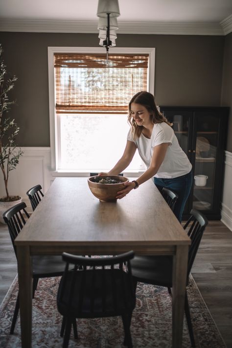 Olive Tree Dining Room, Small Moody Dining Room, Olive Green Dining Room, Wall Dining Table, Moody Dining Room, Green Dining Room, Black Dining, Walnut Cabinets, Black Dining Chairs