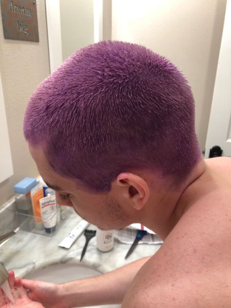 Buzz It Dye, Hair Dye Ideas For Guys, Short Purple Hair Men, Buzzed Hair Dye Ideas, Dyed Buzz Cut Designs, Men With Purple Hair, Buzzcut Hair Dye, Buzz Dyed Hair Men, Lavender Buzzcut Men