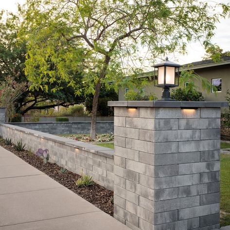 Highland Landscape, Hardscape Lighting, Column Lighting, Landscape Stone, Front Yard Design, Fence Lighting, Yard Design, Garden Landscape Design, Wall Systems