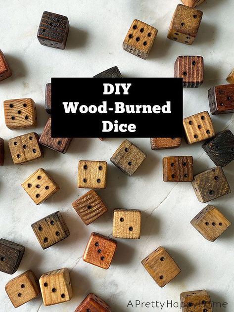 Easily make your own wood-burned dice with a wood burning tool and pre-cut cubes. Or you can cut your own wood cubes too. Wood Engraving Designs, How To Make Dice, Diy Dice, Wood Dice, Wood Burn Designs, Wood Burning Tool, Engraved Coasters, Wooden Dice, Woodburning Projects