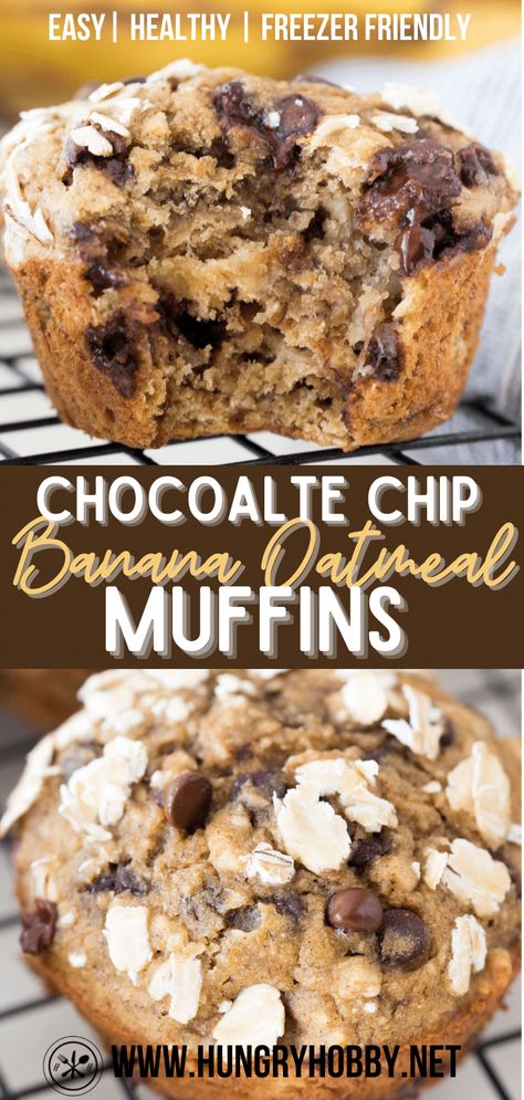 These warm, soft, chocolate chip banana oatmeal muffins are bursting with hearty oats and delicious mini chocolate chips. Easy and healthy! Banana Oatmeal Chocolate Chip Muffins, Oatmeal Chocolate Chip Muffins, Banana Oatmeal Muffins, Banana Oat Muffins, Healthy Chocolate Chip, Chocolate Chip Banana, Banana Chocolate Chip Muffins, Oatmeal Muffins, Banana Oatmeal