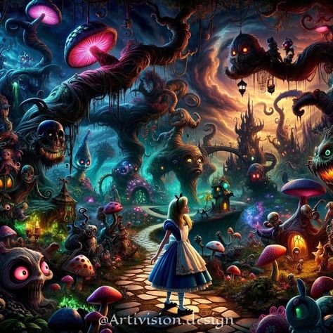 🌙✨ Welcome to Wicked Wonderland! ✨🌙 Step into a twisted, sinister version of Wonderland, where eerie landscapes and captivating colors collide. Join Alice as she navigates through enchanted, haunted forests filled with glowing mushrooms, menacing creatures, and surreal pathways. Let your imagination run wild in this enchanting yet terrifying world. Swipe to explore more of this mesmerizing realm! 🌑🔮 #WickedWonderland #DarkArt #TwistedTales #CreepyCreatures #AliceInWonderland #SurrealArt #H... Alice In Wonderland Artwork Trippy, Alice In Wonderland Landscape, Alice Halloween, Alice In Wonderland Artwork, Glowing Mushrooms, Wonderland Artwork, Haunted Forest, Favourite Season, World Art