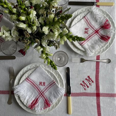 Maison Fête on Instagram: “Just listed ✨ An adorable French white damask vintage tablecloth and ten napkin set, embroidered in initials MM with fringe detailing and a…” White Damask, Vintage Tablecloths, Napkins Set, Damask, Table Cloth, Initials, Napkins, Table Settings, Table Decorations