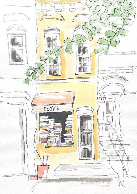 Bookshop Painting, Bookshop Drawing, Shopping Drawing, Poster Shopping, Watercolour Architecture, Paint Poster, House Illustrations, House England, Shop Entrance