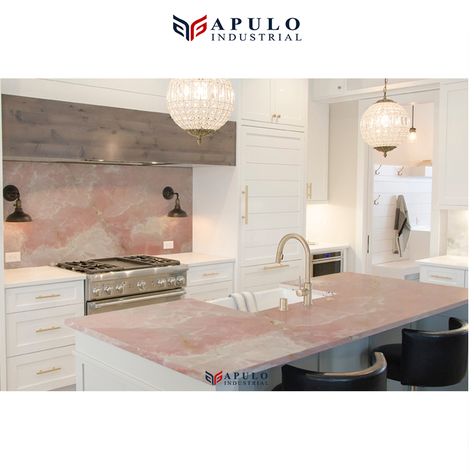 Pink Onyx Kitchen, Peach Countertops, Pink Marble Countertops Kitchen, Pink Onyx Countertop, Pink Quartz Kitchen, Pink Marble Kitchen Island, Red Marble Countertops, Pink Granite Countertops Kitchen, Pink Countertops Kitchen