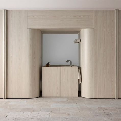 Laminex AU on Instagram: "CJH Studio maximised the use of small spaces with smart design, clever cabinetry and integrated storage solutions. In the bathroom, a concealed vanity surprises and delights. Fabricated from the same decor as the exterior joinery, giving the space a seamless day-spa feel.⁠ .⁠ Featuring Laminex Milkwood Joinery.⁠ .⁠ Design & Art Direction @cjh____________studio⁠ Photographer @jamesgeer⁠ Stylist @beksheppard⁠ Editorial Consultant @notthatjamescameron" Est Living, Tall Cabinet, Bathroom Space, Studio Space, Australian Design, Joinery, Wood Grain, Storage Solutions, Interior Architecture