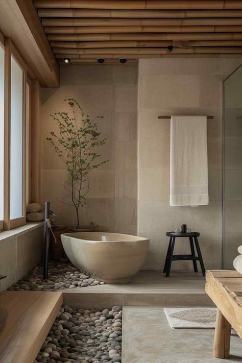 bathrooms scandi Bathroom Natural Stone, Estilo Japandi, New Bathroom Designs, Japandi Interiors, Zen Bathroom, Japandi Design, Scandinavian Bathroom, Minimalist Kitchen Design, Aesthetic Bathroom