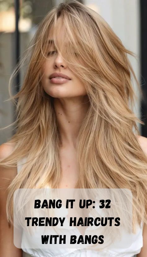 Elevate your hairstyle game with 32 trendy haircuts featuring bangs. This collection showcases a variety of styles, from blunt to wispy, ensuring you find the perfect fringe to complement your face shape and personal style. Bangs For A Long Face, Summer Hairstyles With Bangs, Trendy Haircuts With Bangs, Light Bangs, Straight Across Bangs, Feathered Bangs, Choppy Bangs, Curly Bangs, Fringe Bangs