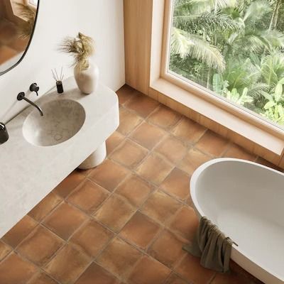 Floor Tiles - Bed Bath & Beyond Bathroom Terracotta Floor, Red Tile Floor, Bathroom Redecorating, Stone Look Wall, Terracotta Floor, Red Tiles, Italian Decor, Colourful Tile, Merola Tile