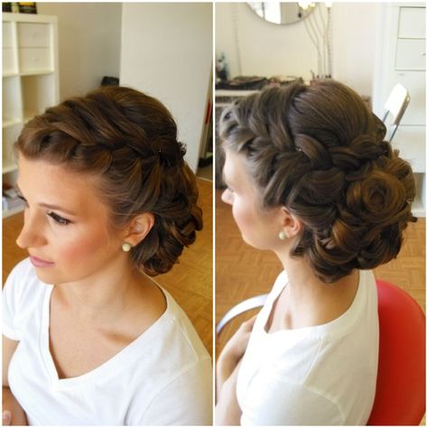 Bridal Hair Updo Front View Braid, Face Framing Tendrils Updo, Side Bun Bridesmaid Hair, Curly Side Bun Wedding Hair, Side Braid Updo Wedding, Side Updos For Long Hair, Front Updo Hairstyles, Bridal Hair Updo Front View, Grecian Wedding Hair